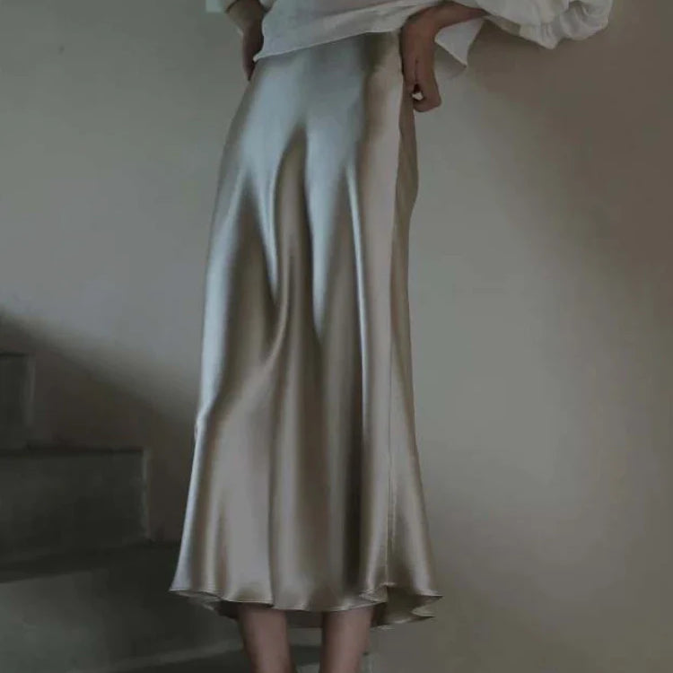High Waisted Satin Long Skirts for Women Spring/Summer New Women's Skirt A-line Fashion Elegant Slim Fit Grey Black Skirt grey