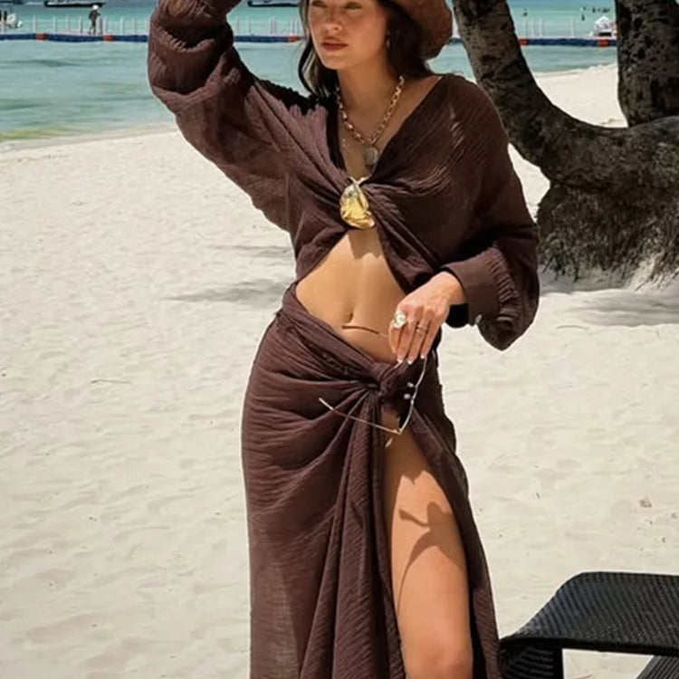 Beach Cotton Line Long Skirt Set For Women Brown Lace Up Cardigan High Slit Knot Skirts Summer 2 Pieces Vacation Beach Outfits