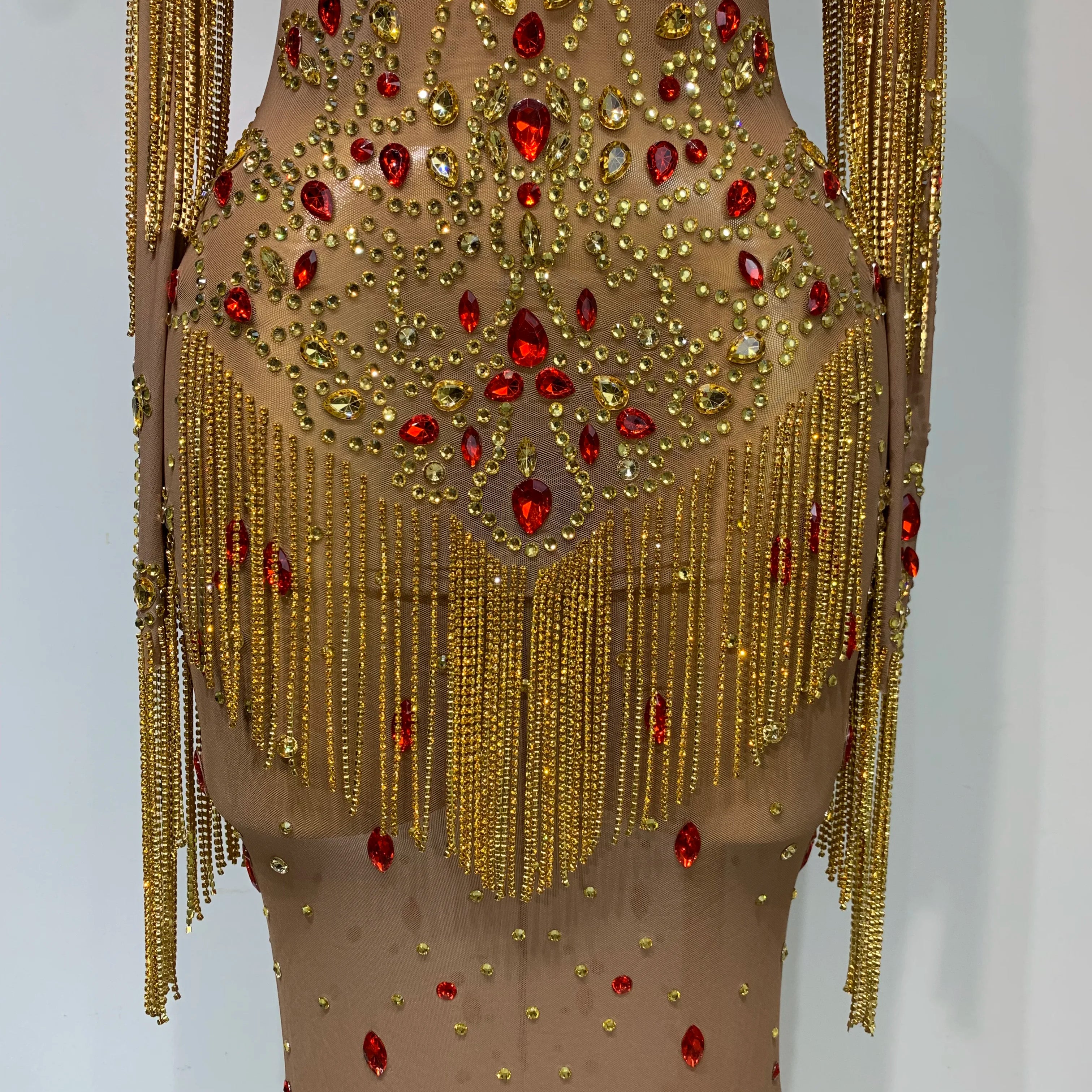 High Quality See Through Elastic Mesh Sparkly Rhinestone Stage Performan Costume Luxury Birthday Evening Party Wedding Dress