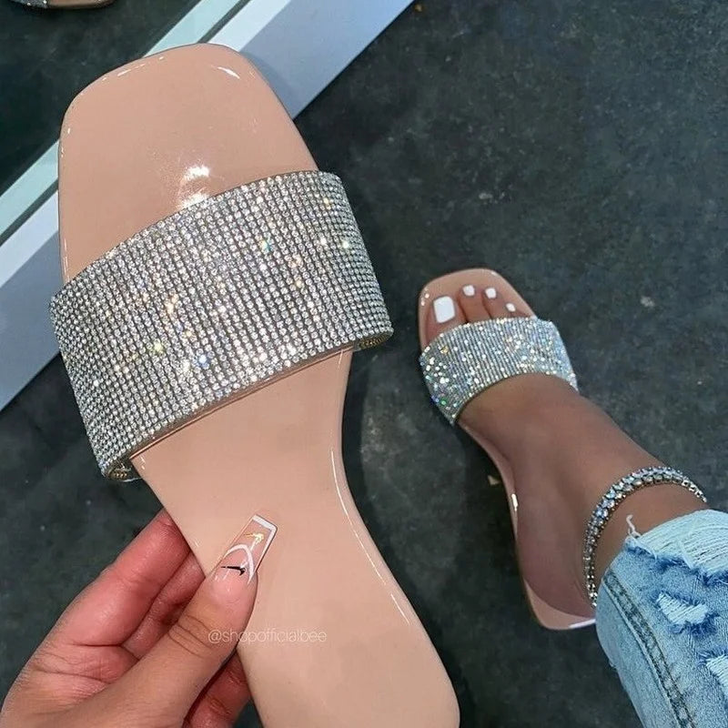 Summer Sandals Women Flip Flops Rhinestone Flat Sandals Ladies Slippers Shoes Female Round Toe Bling Luxury Sandalias Mujer 43 apricot