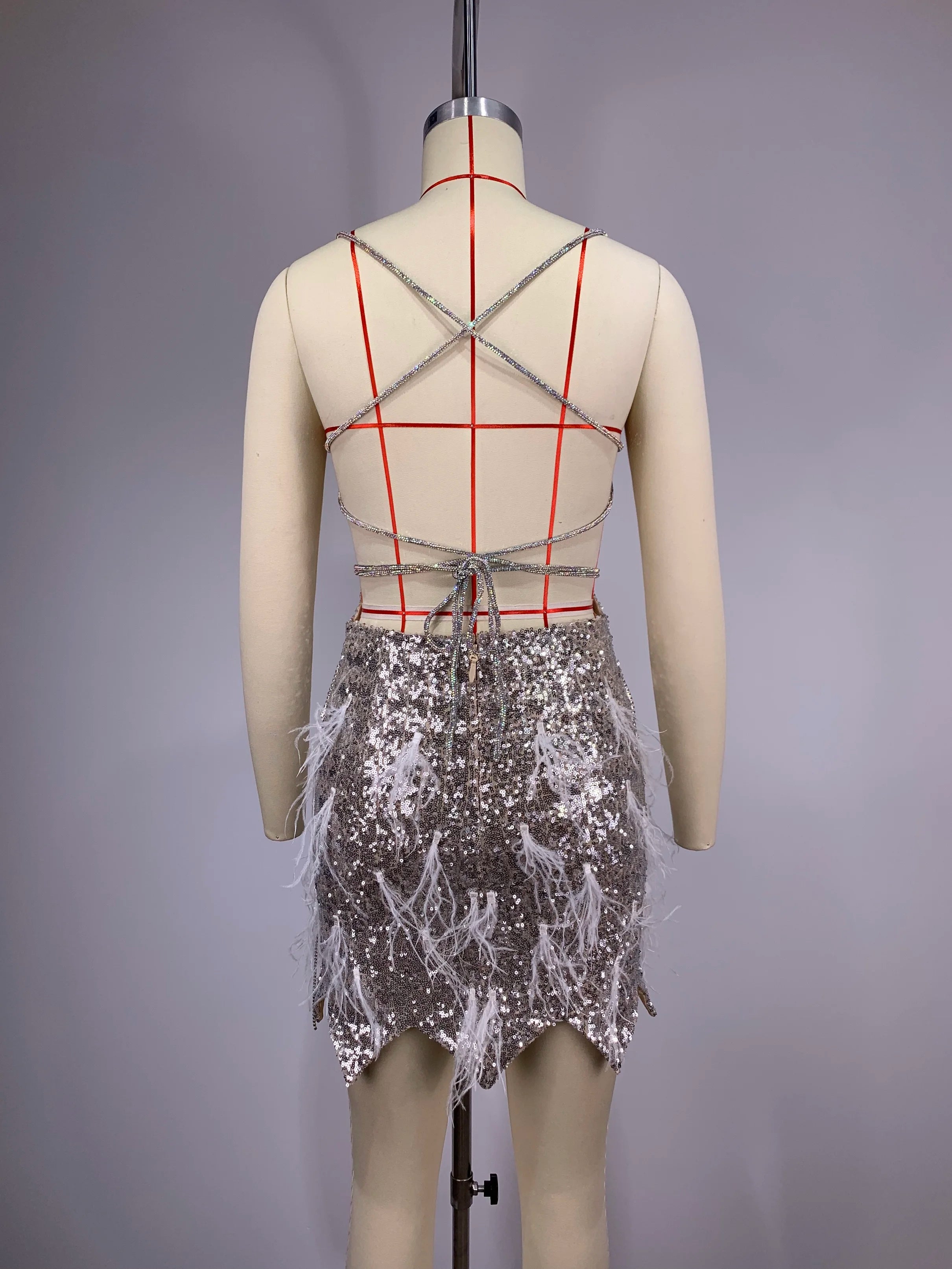 Sliver Sequins Diamonds Tassel Sexy V-Neck Strapless Mini Evening Dress Woman Birthday Party Outfit Stage Performance Costume