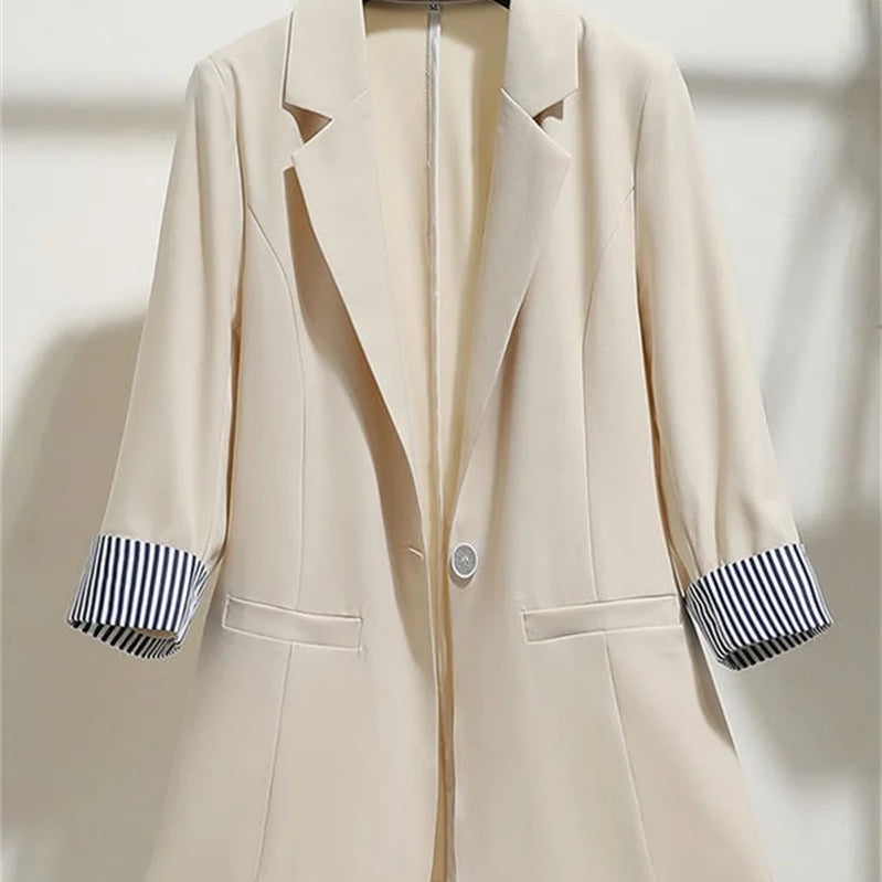 Women Solid Blazers Coat Fashion Slim Suits Female Casual Three-Quarter Sleeve Chic Tops Thin Office Lady Blazer Spring Summer