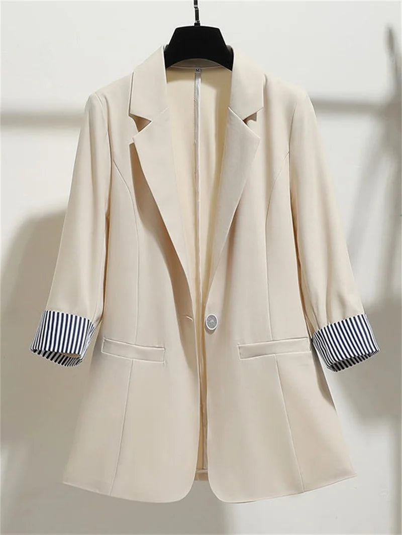 Women Solid Blazers Coat Fashion Slim Suits Female Casual Three-Quarter Sleeve Chic Tops Thin Office Lady Blazer Spring Summer