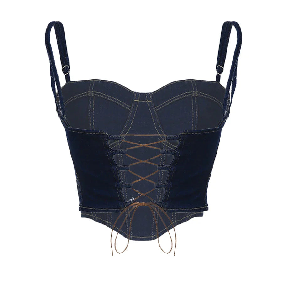 Women Denim Camisole, Spaghetti Straps Backless Lacing Slim Fit Summer Tops for Party Club