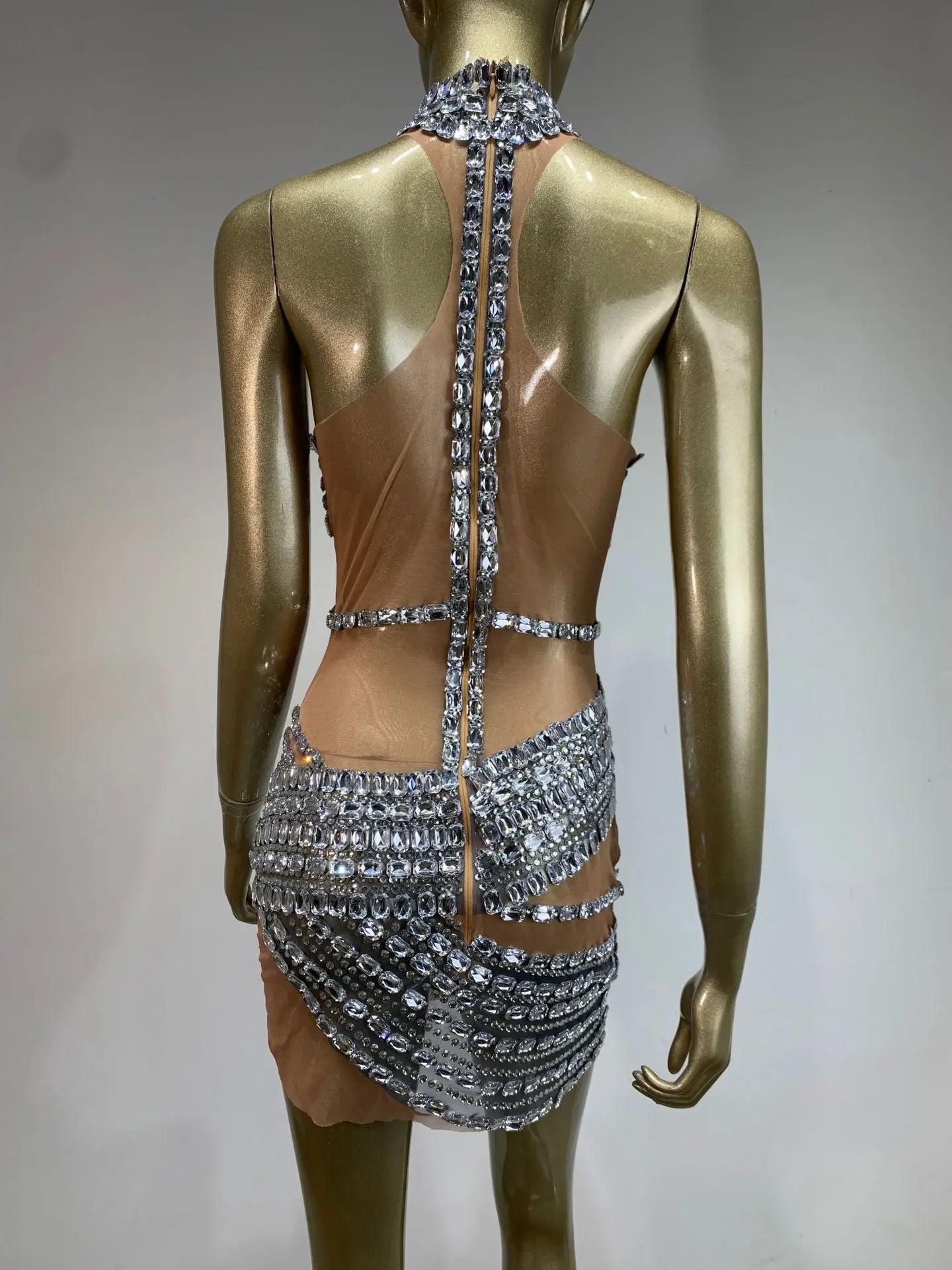 Ladies Celebrity Women Sexy Tank Crystal Diamonds Mesh Mini Dress Birthday Party Costume Bar Nightclub Stage Performance Outfit