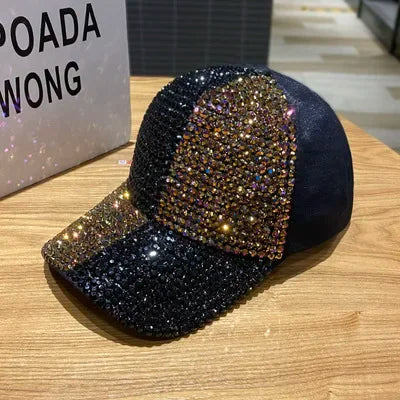 Summer Ladies Baseball Cap Korean Wild Spring and Autumn Rhinestone Caps Fashion Personality Street Highlights Hip-hop Hats PZ- black gold 55-60cm