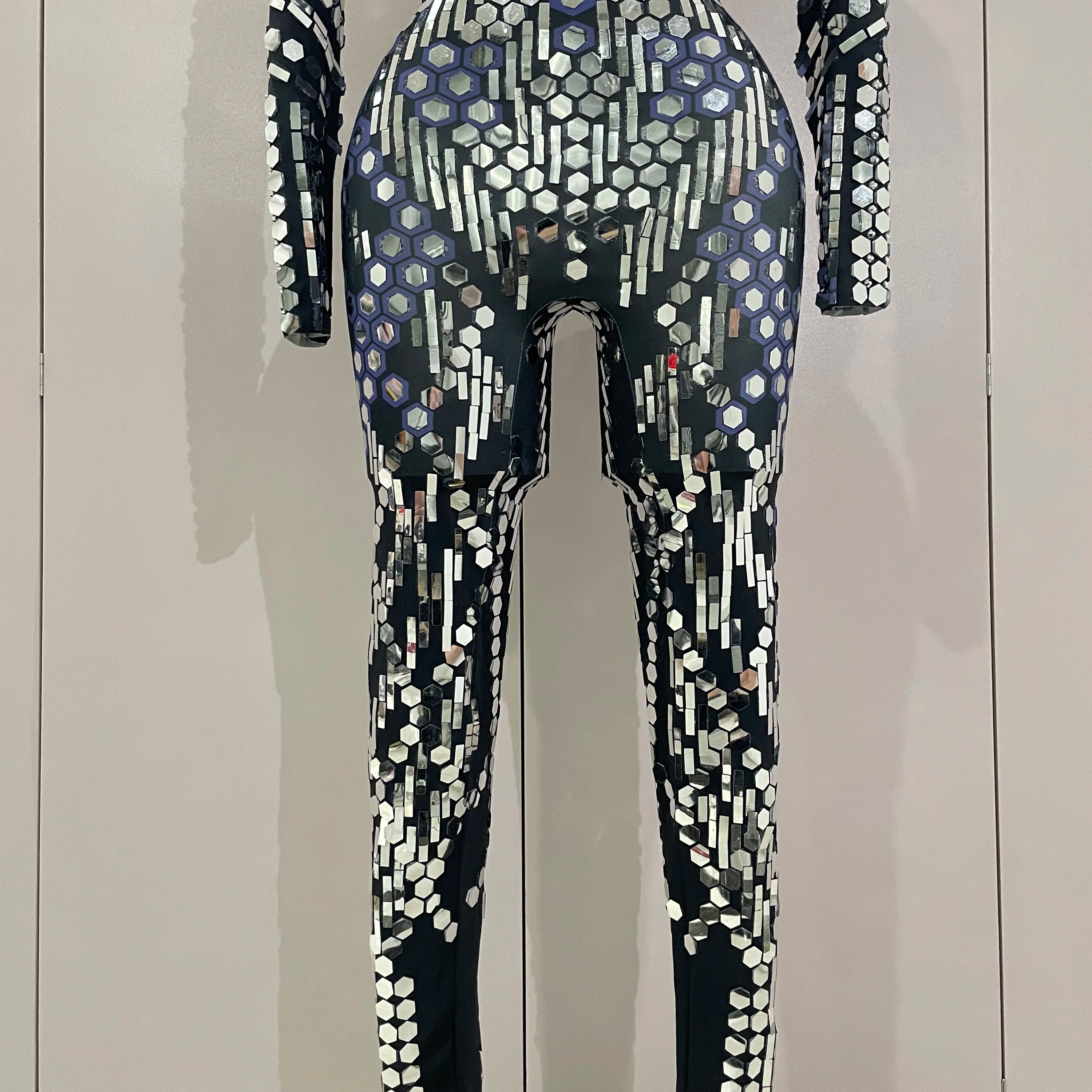 Sexy Shiny Silver Sequins Mirror Black Spandex Jumpsuit 2025 Women Prom Dancer Singer Costume Evening Birthday Show Stage Outfit