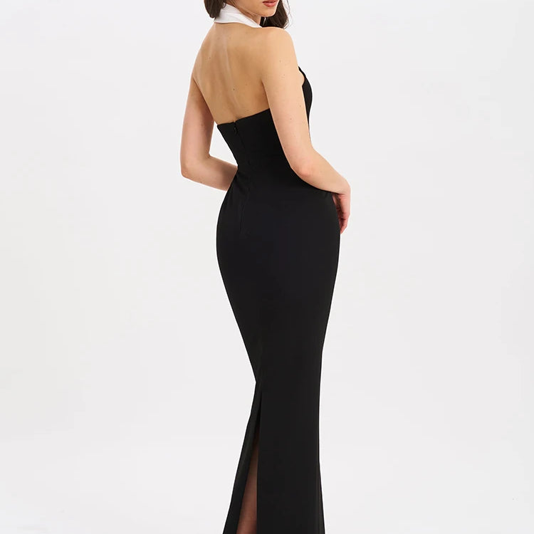 Halter Backless Sexy Maxi Dress For Women Gown Contrast Color Notched Collar Sleeveless Bodycon Club Party Tank Dress