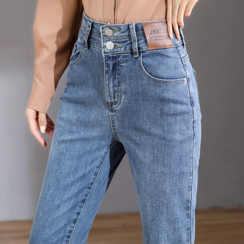 Ladies Denim Jeans High Waist Strecth Slim Straight Brand Double Button Sexy Denim Ninth Pants Vintage Blue