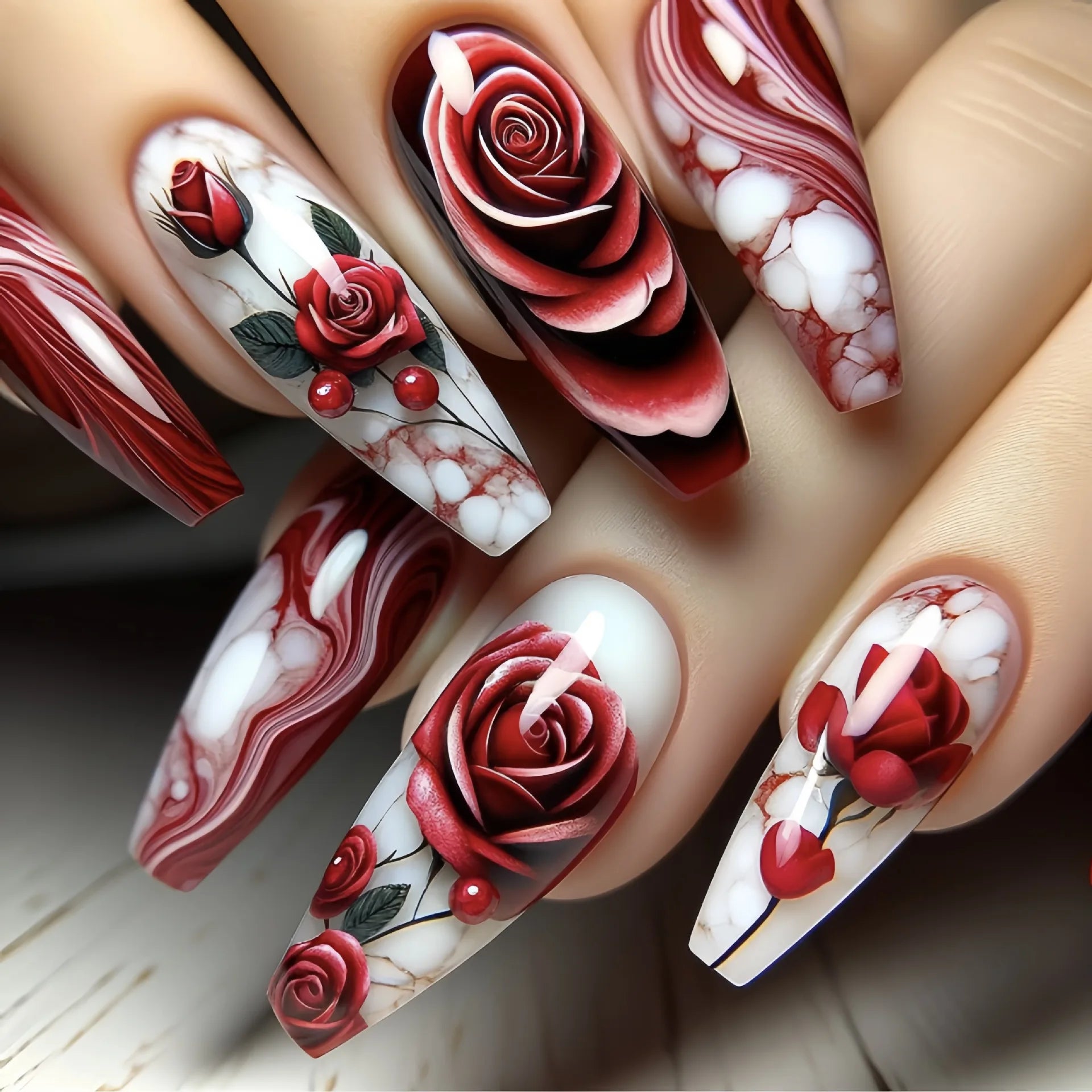 24Pcs Long Ballet False Nails Dark Red Flower Press on Nails Stripe French Coffin Nails Romantic Rose Medium Acrylic Fake Nail