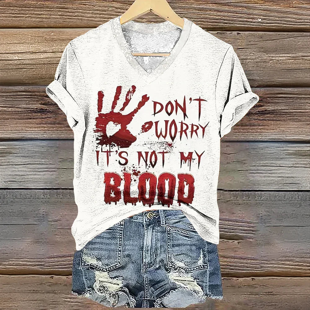 Vintage Women's T-shirt V-neck T-shirt Letter Printed Short Sleeve T-shirt Casual Loose Clothes Halloween Bloody T-shirt VAYJWH2024075RA