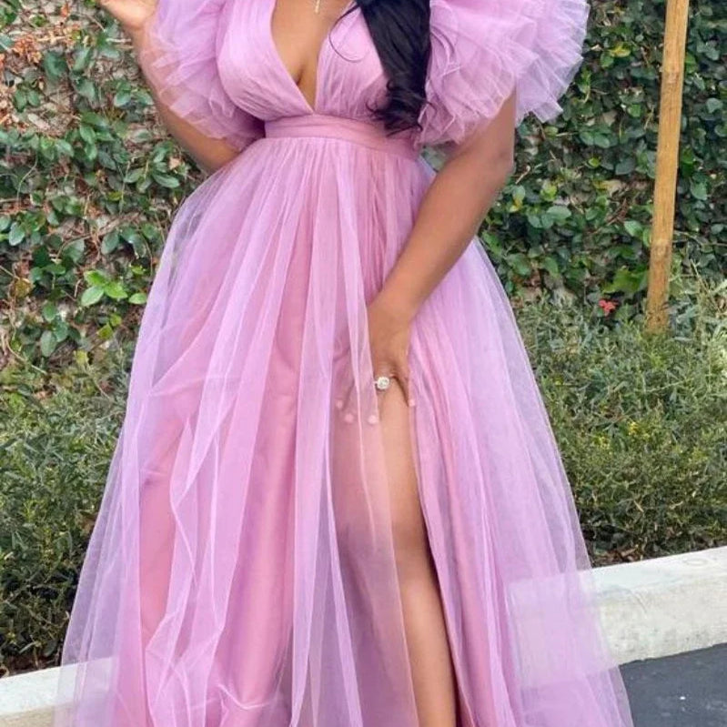 CM.YAYA Women Cascading Ruffles Shoulder High Side Split Mesh Patchwork Maxi Long Dress 2023 sexy even Party Vestidos Dresses