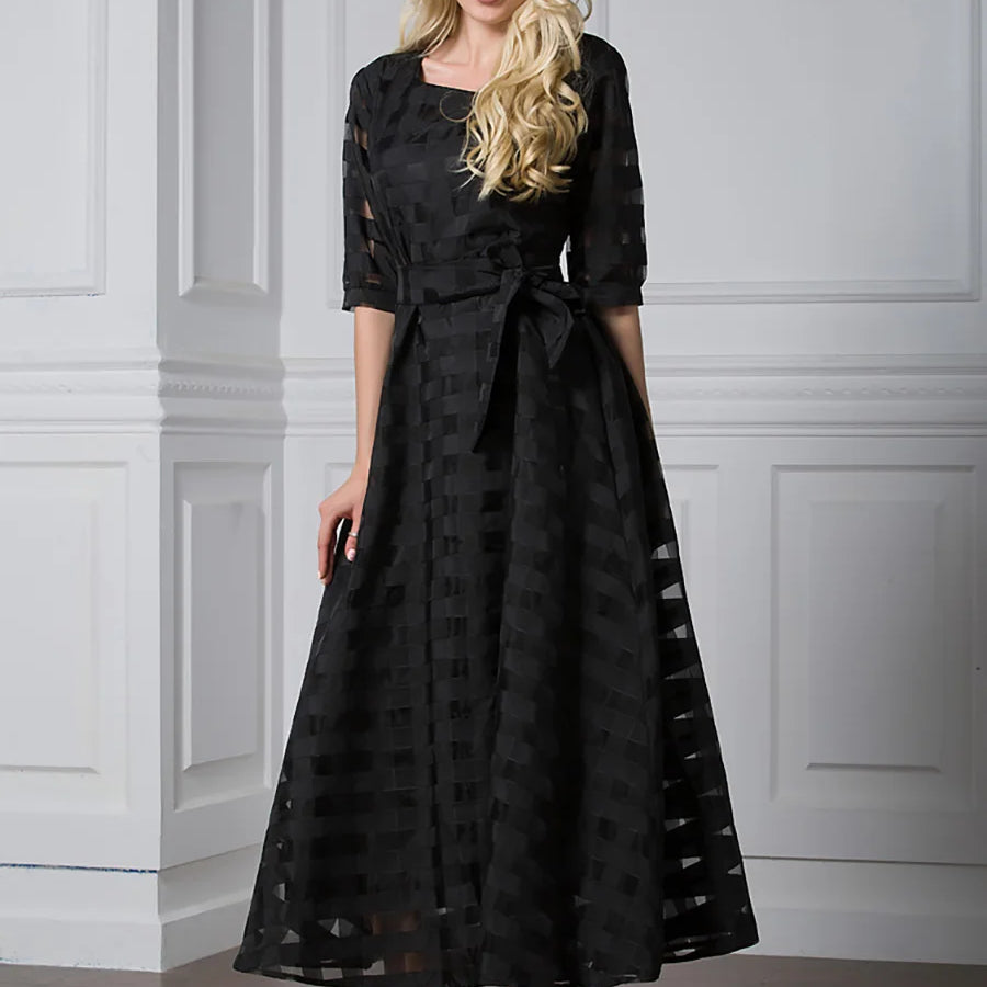 Stylish Muslim Femininity Elegant plus-size women's dress Dubai Arabian vintage summer dress slim A-line plaid dress 9065 Black dress