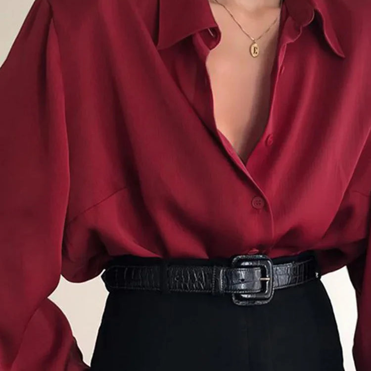 Women Button Blouses Turn Down Collar Shirts Office Lady Long Sleeve Casual Blouse Loose OL Shirt Baggy Tops Red/Wine Red /Black