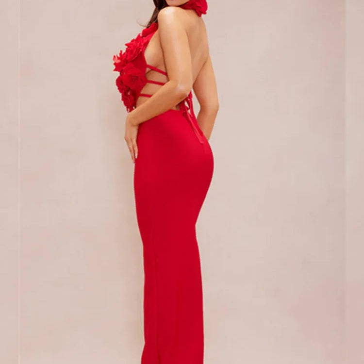 Vestido longo feminino sexy, estilo celebridade, frente única, com decote em V, sem costas, flor vermelha, maxi, bandagem justa, elegante, roupa para festa noturna, 2025