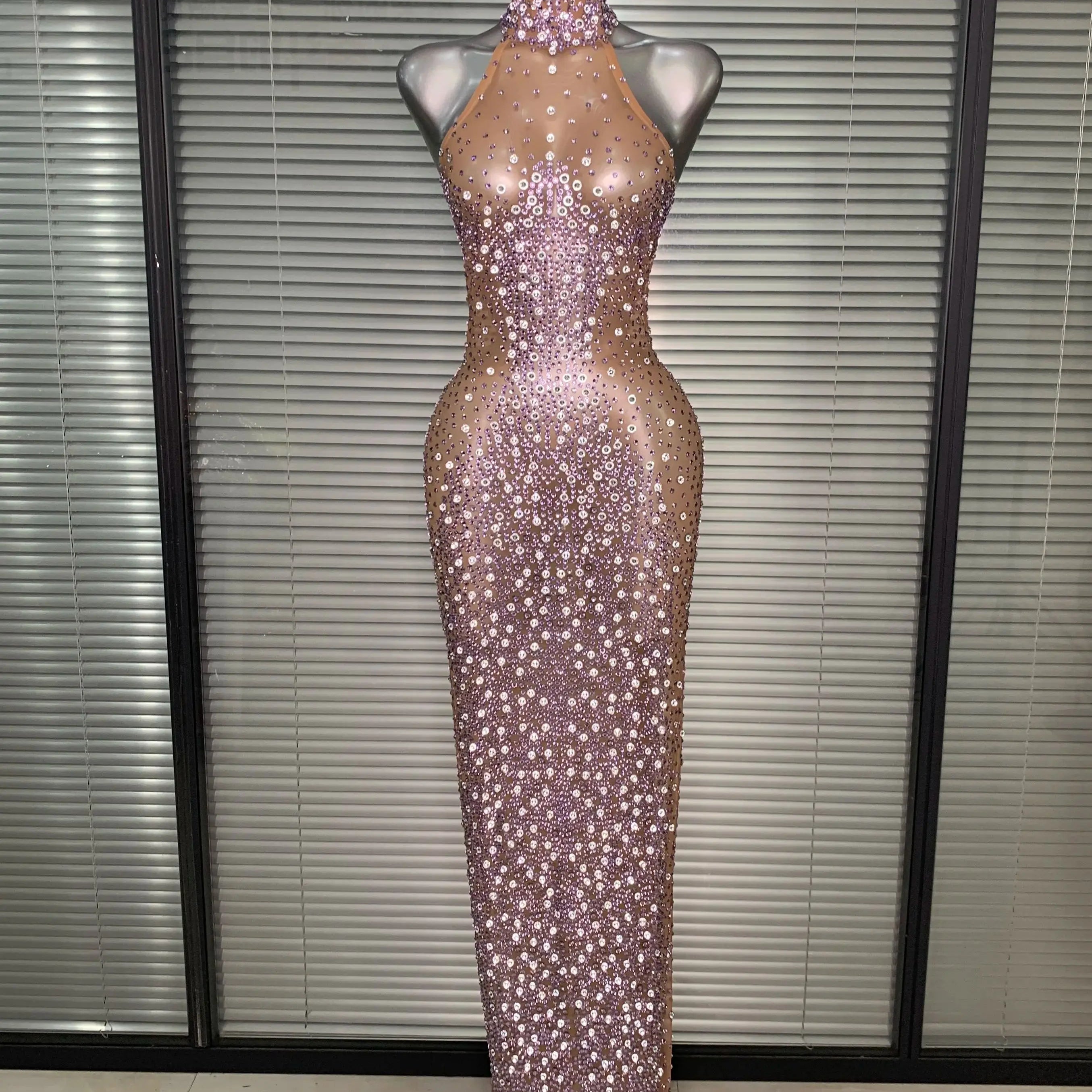 Women Sexy Mesh Crystal Diamonds Shinning Maxi Dress See Through Sheer Party Singer Stage Performance Costume