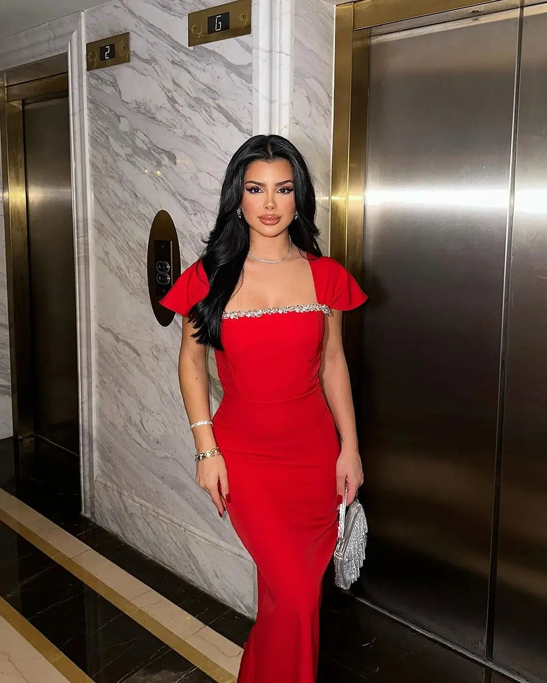 Red Black Women Sexy Square Collar Shinning Crystal Bodycon Bandage Long Dress Fashion Elegant Evening Party Celebrate Wear