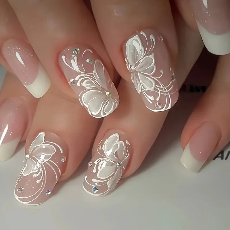 24pcs/set Medium Long fake nails for Spring summer beautiful flowers mushroom bees cute almond square tips press on false nails