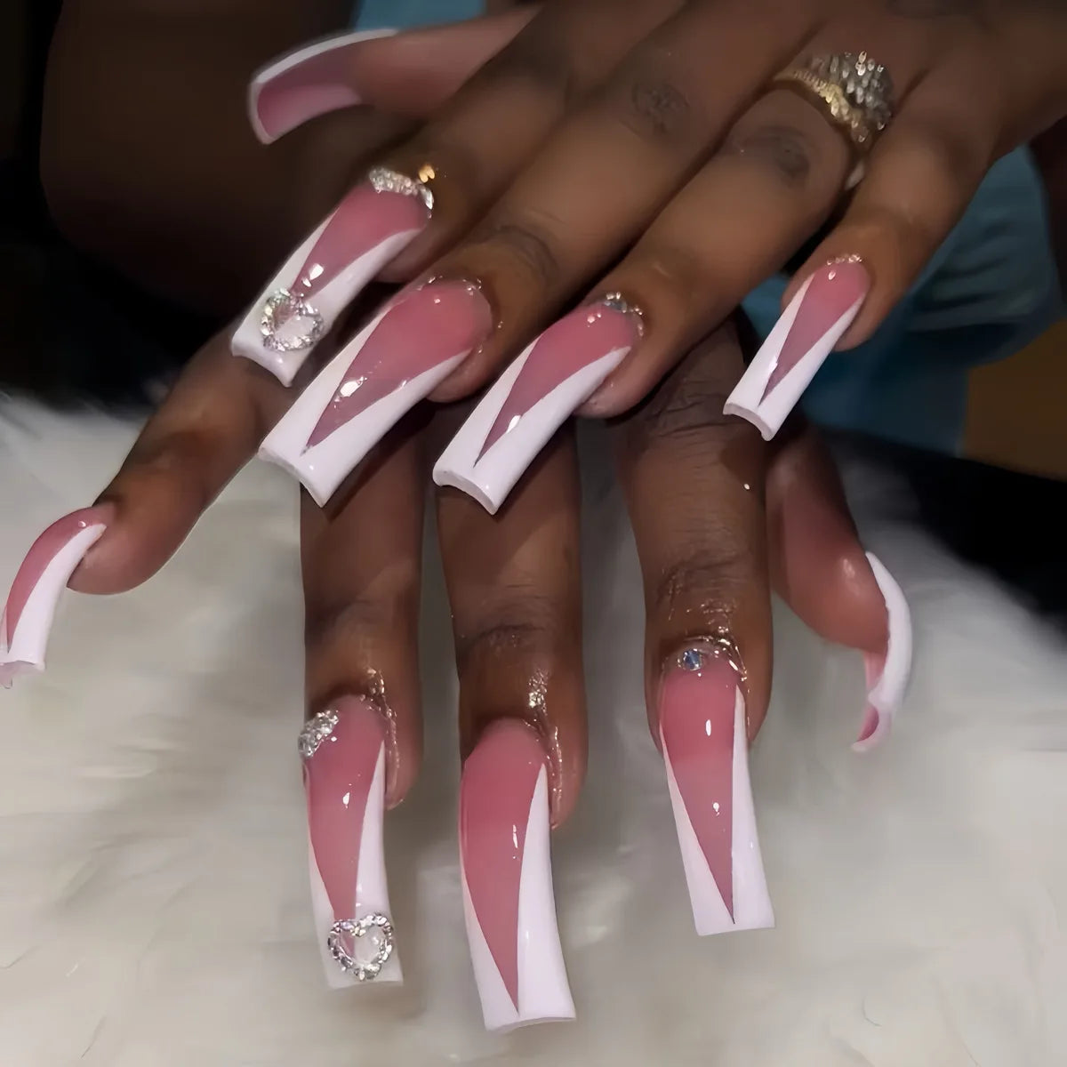 20pcs Ultra-long Curve Square Fake Nails Glitter Rhinestone Love False Nail White French Tips Press on Nails Reusable Manicure