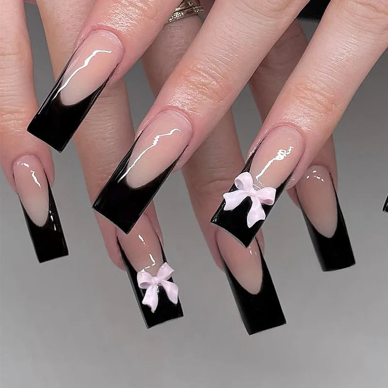 24Pcs French Black Press on Nails Mid-length Square Head Fake Nails with 3D Bow Tie Rhinestone Wearable Finished False Nail Tips