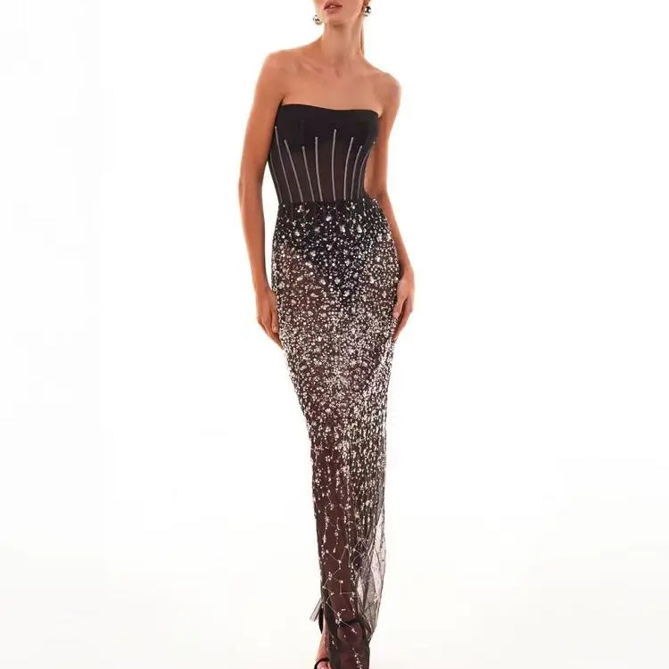 Fashion Black Color Women Sexy Strapless 2 Pieces Bodycon Long Dress Mesh Sequins Nightclub Party Celebrate Dress