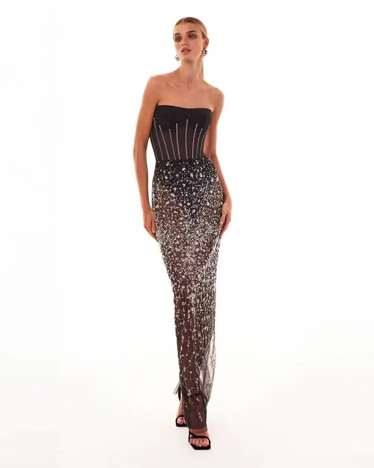 Fashion Black Color Women Sexy Strapless 2 Pieces Bodycon Long Dress Mesh Sequins Nightclub Party Celebrate Dress