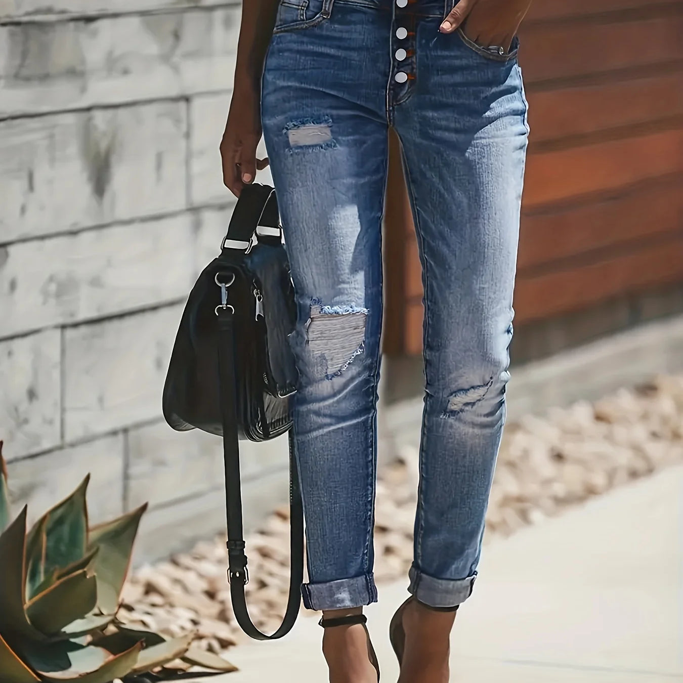 Blue Ripped Holes Denim Jeans, Slim Fit Single-Breasted Button High-Stretch Casual Denim Pants, Women's Denim Jeans Blue