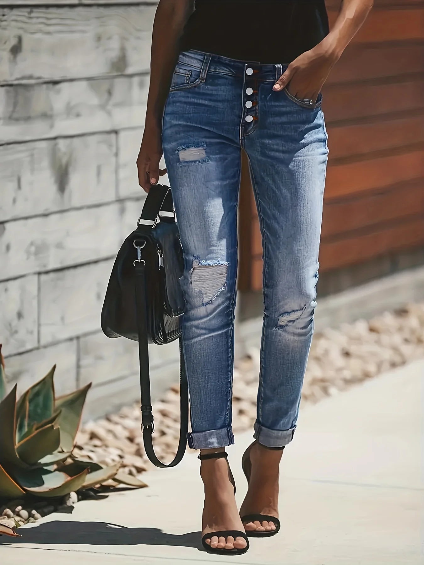 Blue Ripped Holes Denim Jeans, Slim Fit Single-Breasted Button High-Stretch Casual Denim Pants, Women's Denim Jeans Blue