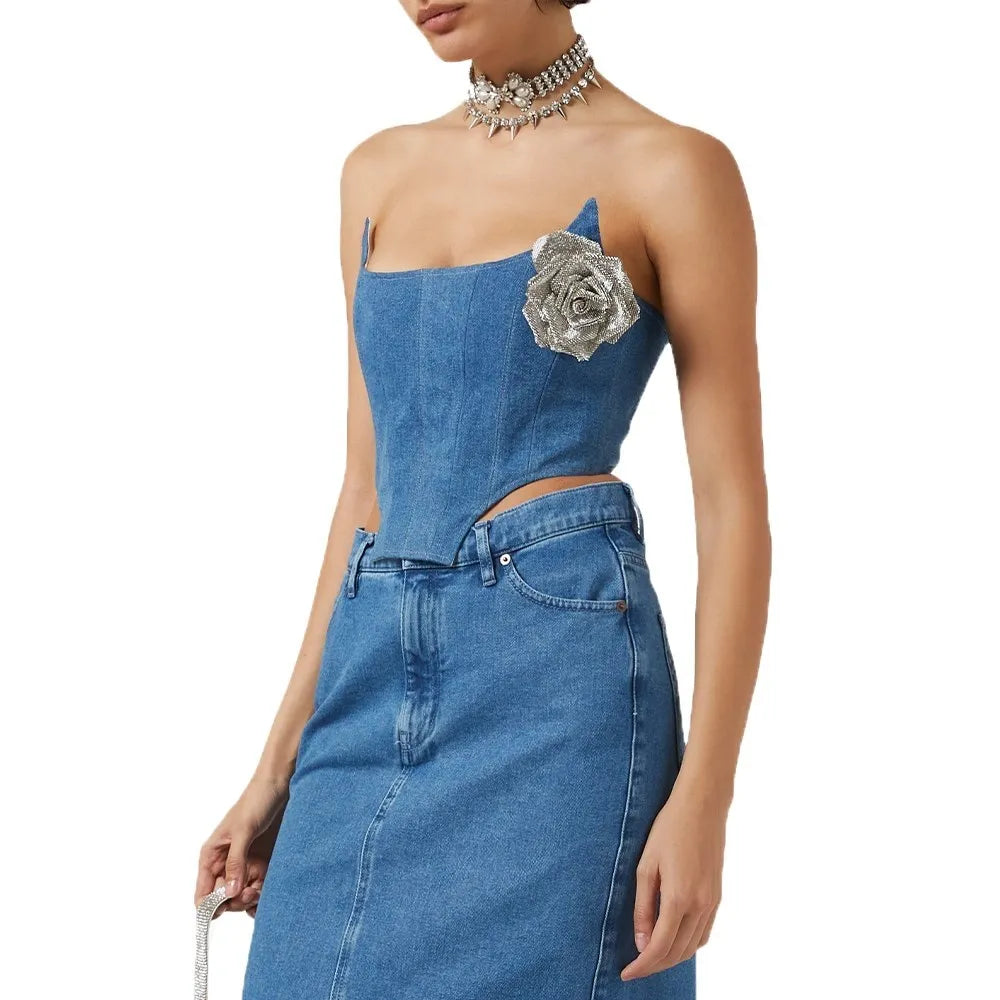 Denim Irregular Vests For Women Slash Neck Sleeveless Patchwork Appliques Slimming Vintage Vest Female Fashion 2023