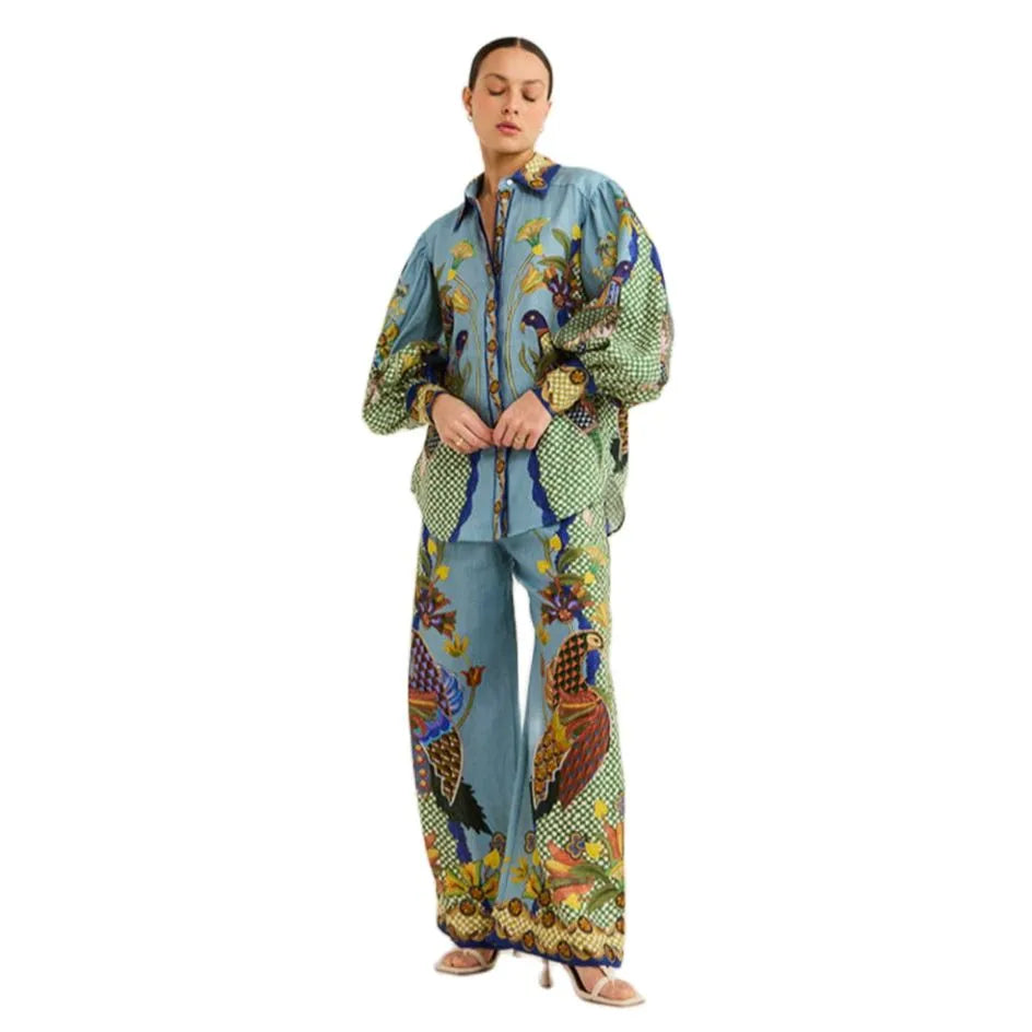 New In Birds Flower Printed Two Piece Set Women Lantern Sleeve Lapel Shirts High Waist Flare Pants Suit For Women Outfits Blue