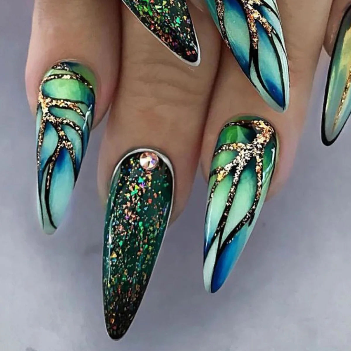 24Pcs Mid-length Almond Press on Nails with Green Forest Mushroom Design Fake Nail Shiny Powder Finished Wearable False Nail Tip