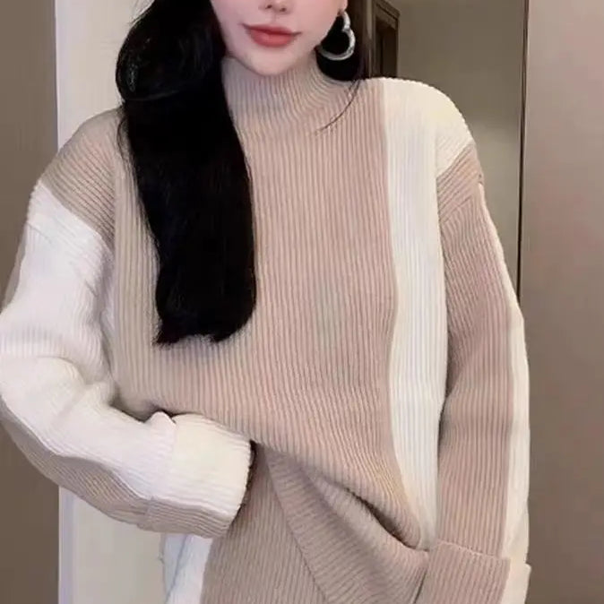 2023 new knitted women thickened turtleneck color-blocked sweater skirt y2k Korean style lazy slim two-piece suit