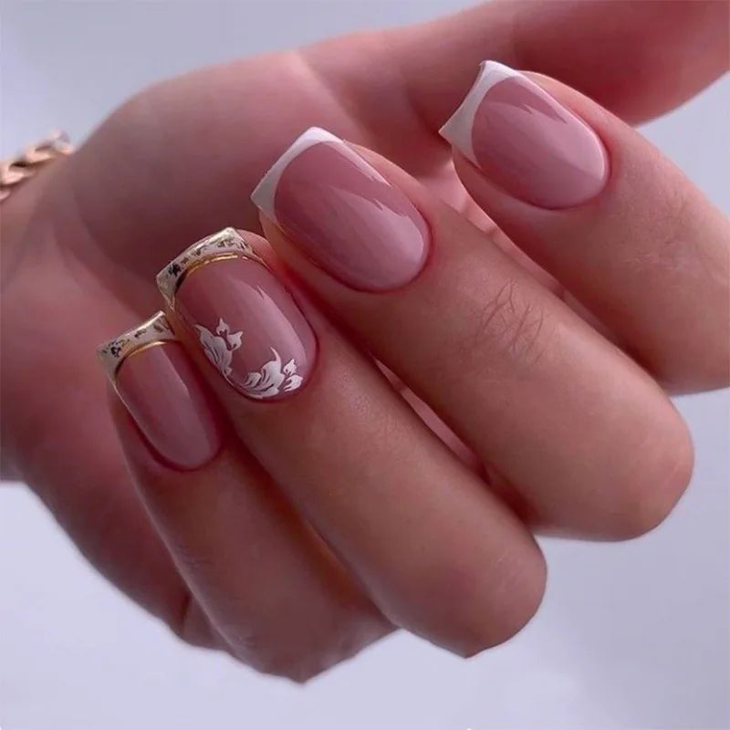 24Pcs Gradient White Fake Nail with Flowers Pattern Design Simple French False Nails Tips Short Suqare Head Press on Nails