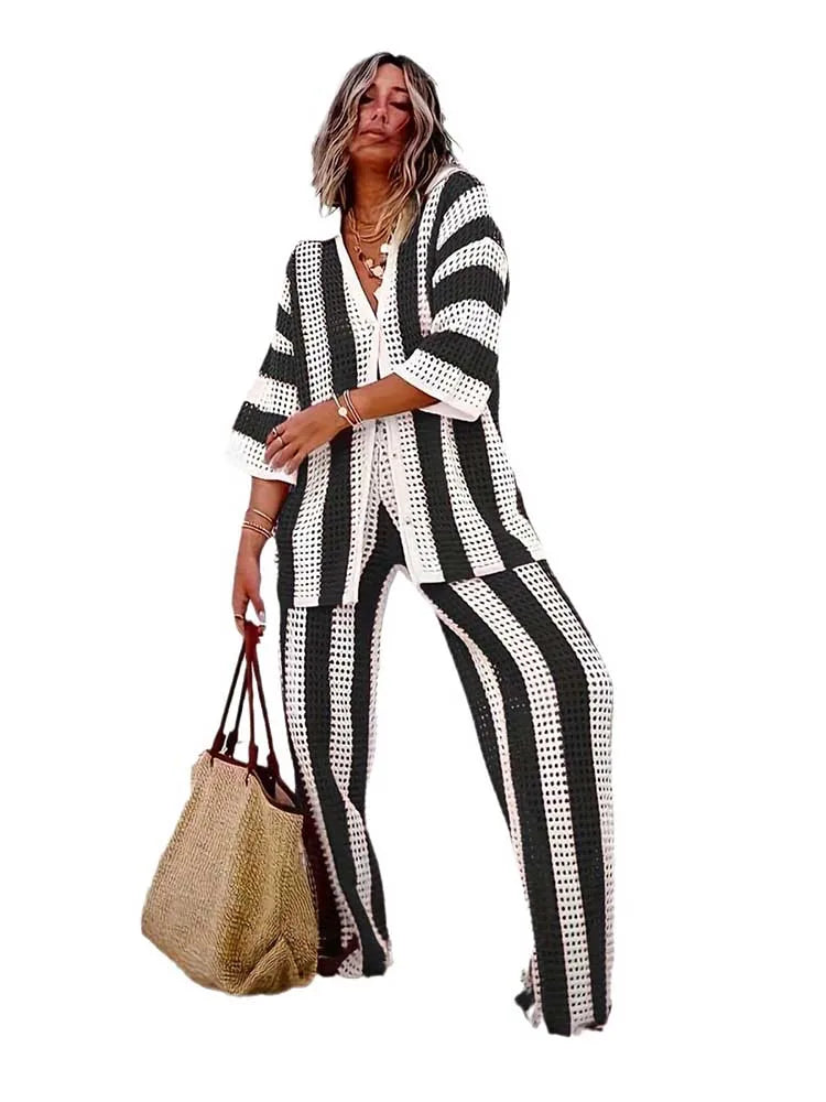 Summer Outfits for Women Vacation Hollow Out Sweater Shirt and Trouser Lady Casual Sexy Plus Size Sets 2 Piece Pants Sets Wide