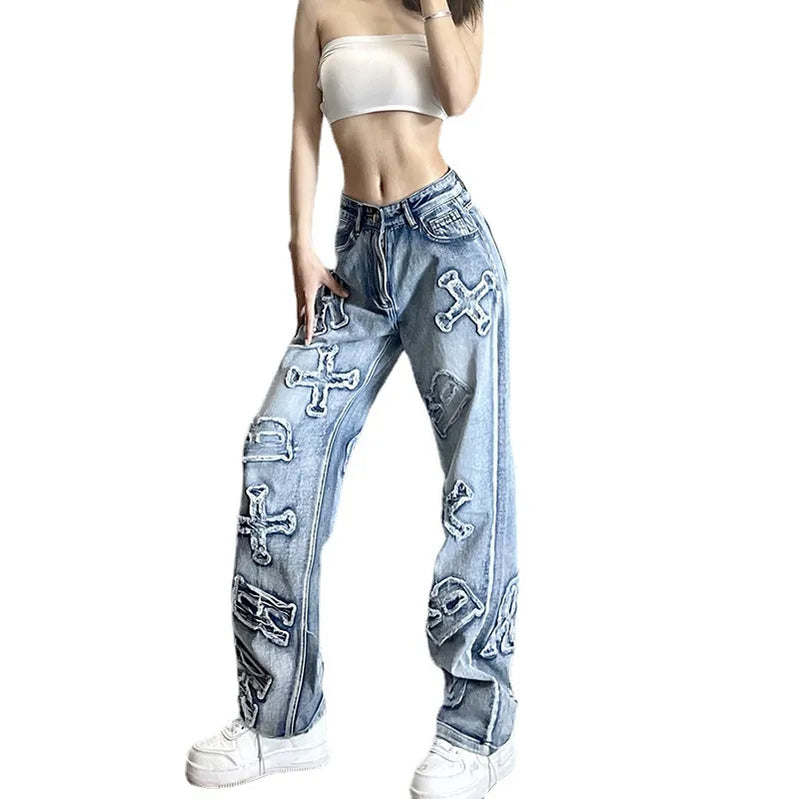 Patchwork Women's Jeans Y2K Streetwear Baggy Straight Cargo Pants Punk High Waist Wide Leg Denim Trousers 90s Vintage