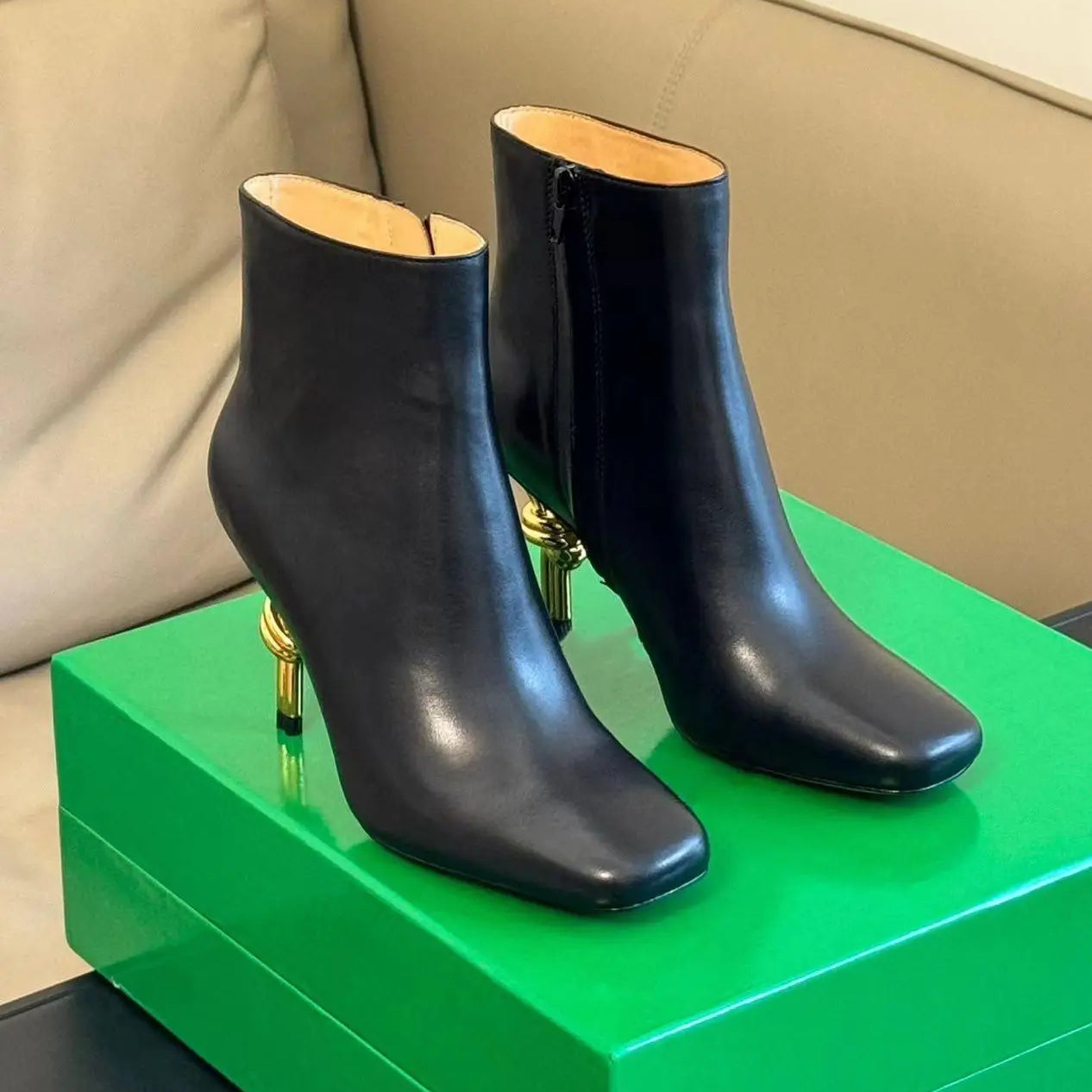 New Arrival Women Metal Knot Shaped Heel Boots High Heel Ankle Nude Boots Elegant Office Side Zip Square Toe Heels Boots