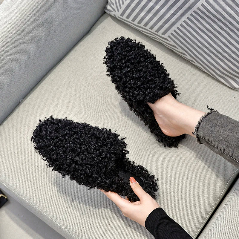 women's winter plush slippers Fashion round head design flat shoes Outdoor and Office and Home Large size 41-43 free delivery