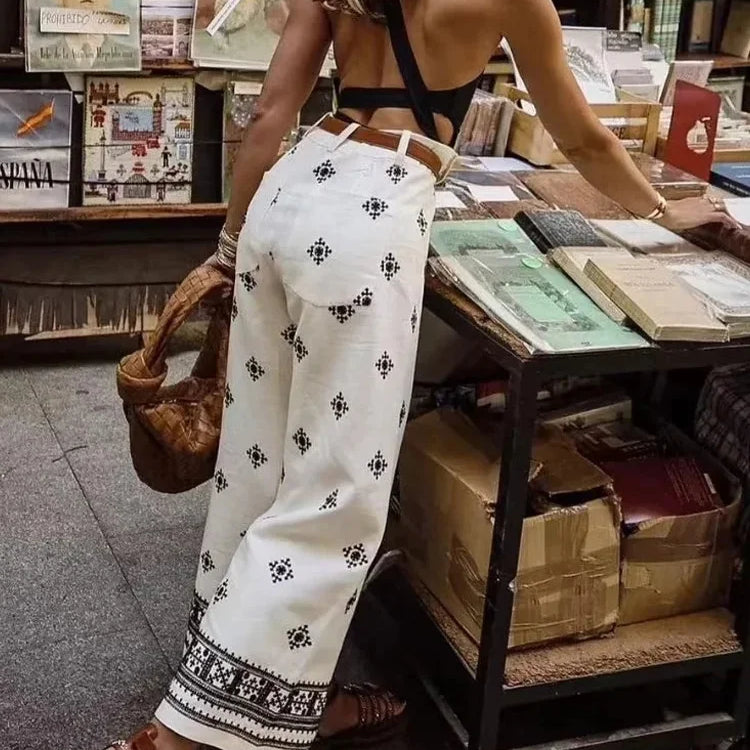 TRAF Women Fashion Embroidery Linen Straight Pants Vintage High Waist Zipper Fly Female Ankle Trousers Mujer