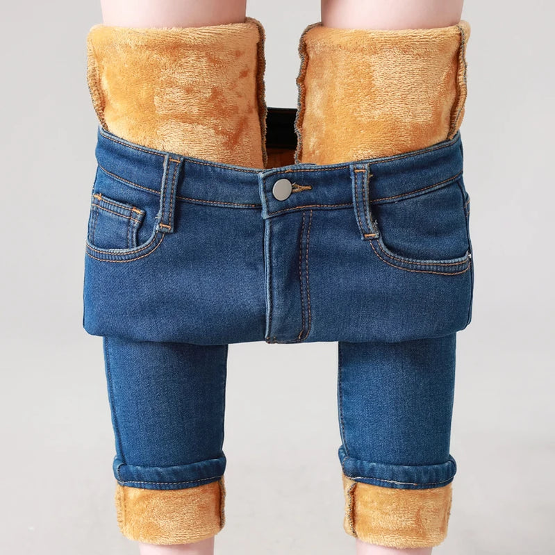 Winter Women Thermal Denim Skinny Stretch Jeans Oversized High Waist Plush Warm Lamb Fleece Mom Pants Plus Size Pencil Trousers