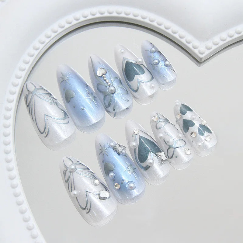24pcs Y2k Love False Nails Sweet Cool Blue Blush Butterfly Print Fake Nails Tips Wearable Detachable Almond Press on Nails