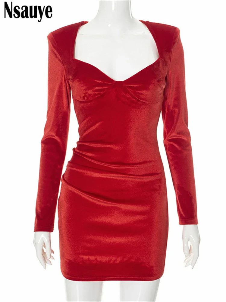 Nsauye New Fashion Women Velvet Elegant Mini Sexy Club Dress Evening Birthday Holiday Long Sleeve Party High Waisted Dress 2024