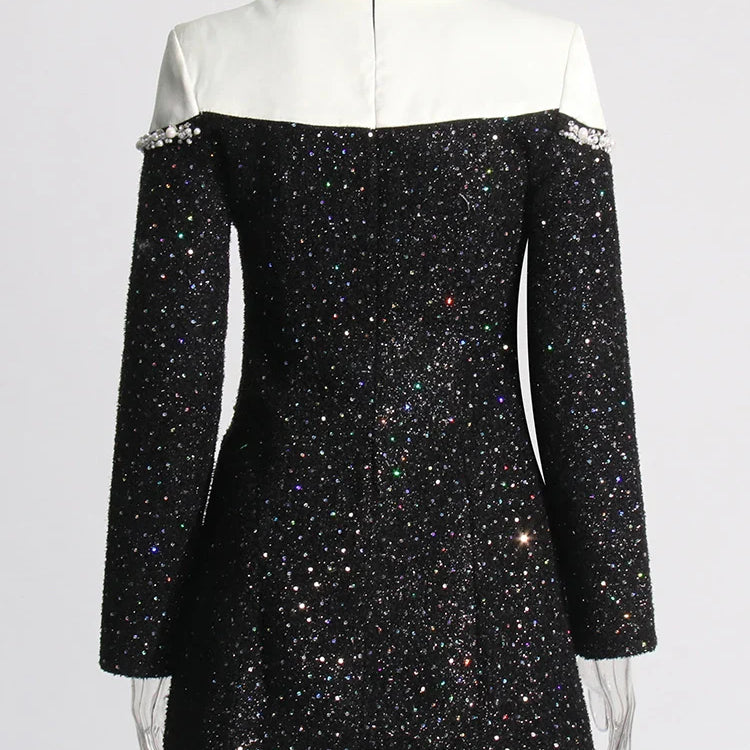 TWOTWINSTYLE Colorblock Patchwork Sequins Dress For Women Lapel Long Sleeve High Waist Spliced Pearls Elegant Dresses Female New