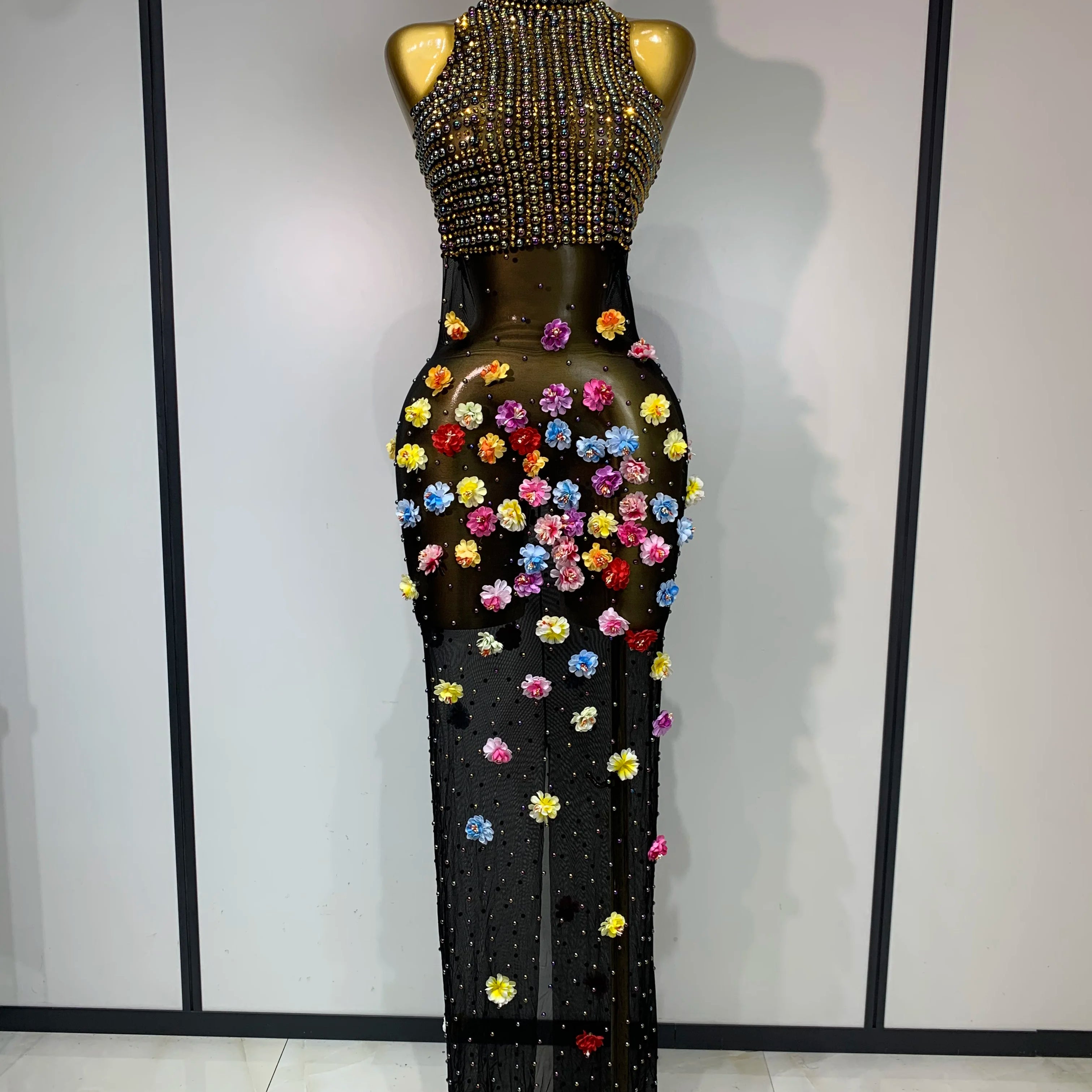 Luxury Rhinestones Flowers Sexy See Through Long Dress 2025 Elegant Evening Party Birthday Wedding Guest Dress Club Stage Outfit