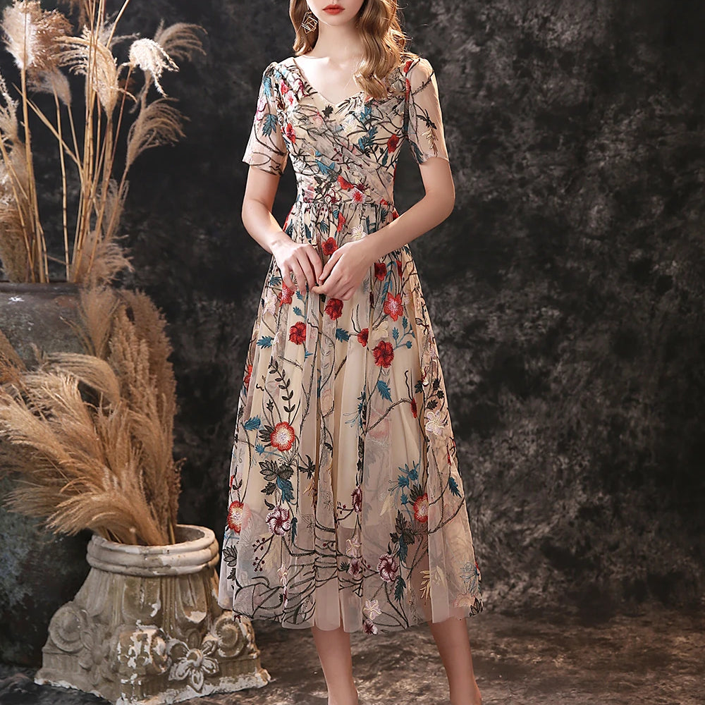 Floral Fancy Tea Length Evening Dresses with Short Sleeves Sexy V Neck Embroidery Flower Prom Gown picture color