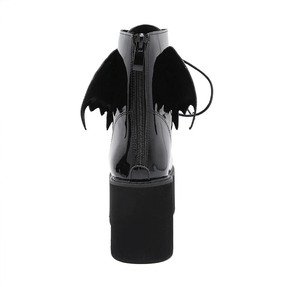 Women's Black Back Zipper Chunky Heel Boots Goth Style Lace Up Solid Color Platform Short Boots for Women Fashion Wing