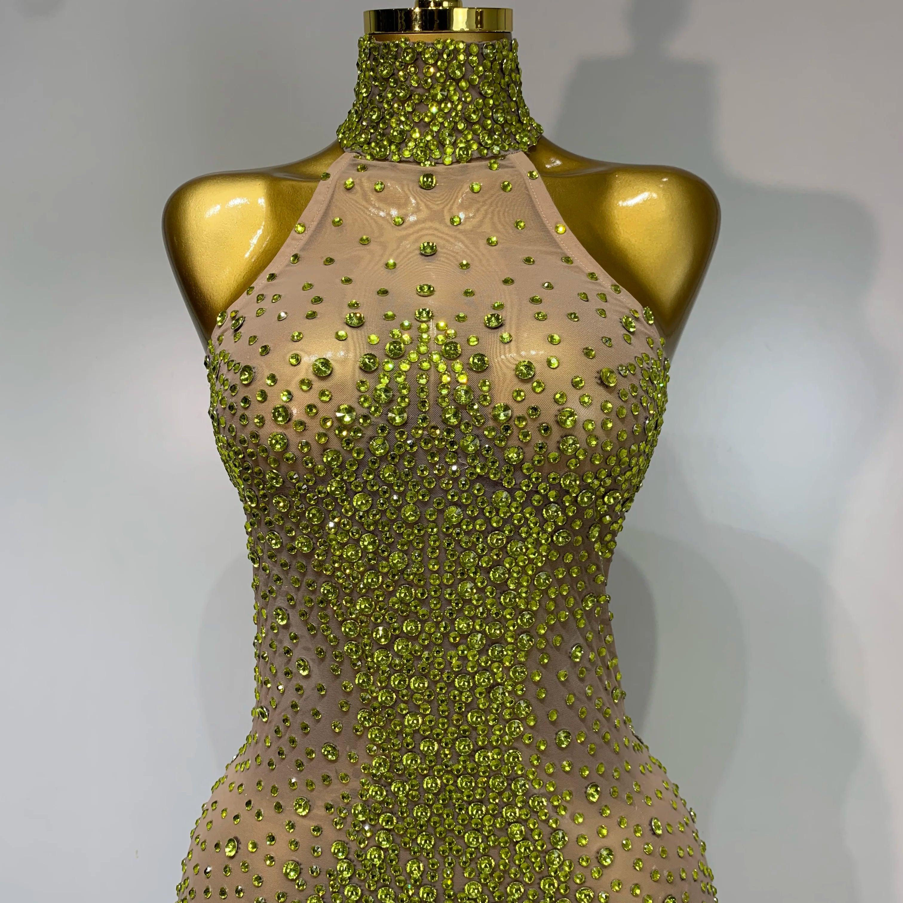 Women Luxury Birthday Celebrate Dress Dancer Party Show Stage Outfit 2025 Sparkly Rhinestone Elastic Mesh See Through Long Dress