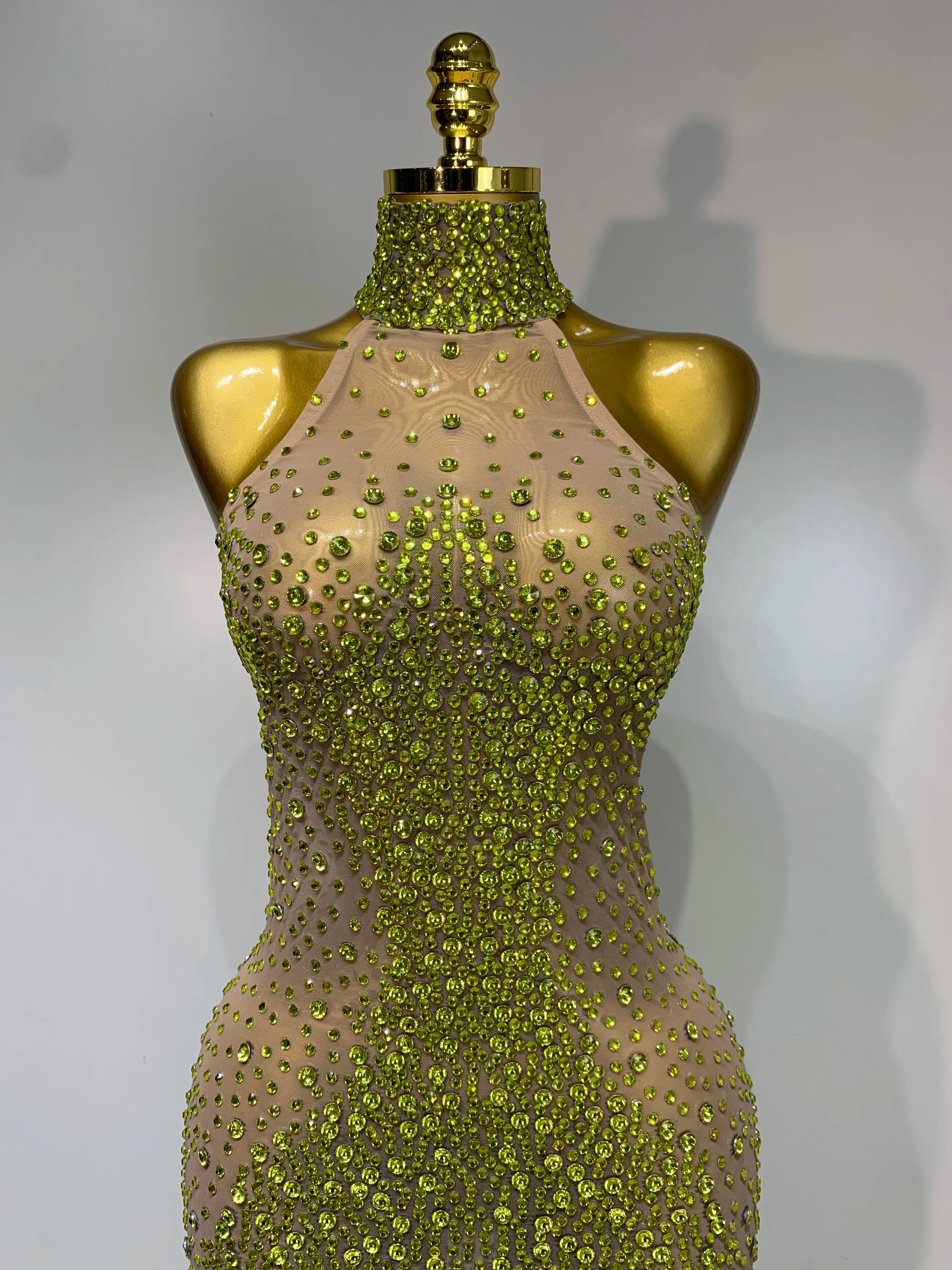 Women Luxury Birthday Celebrate Dress Dancer Party Show Stage Outfit 2025 Sparkly Rhinestone Elastic Mesh See Through Long Dress