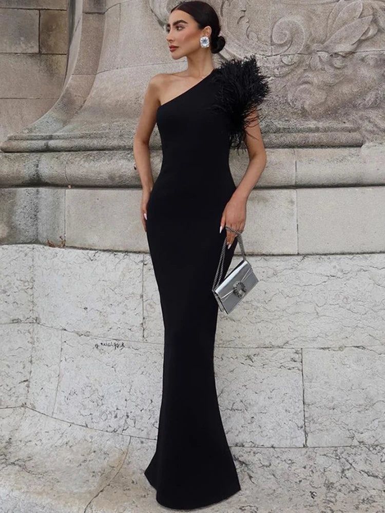 Black Sleeveless One Shoulder Feather Maxi Dress For Women Bodycon Sexy Party Elegant Long Dress Birthday Evening Outfit