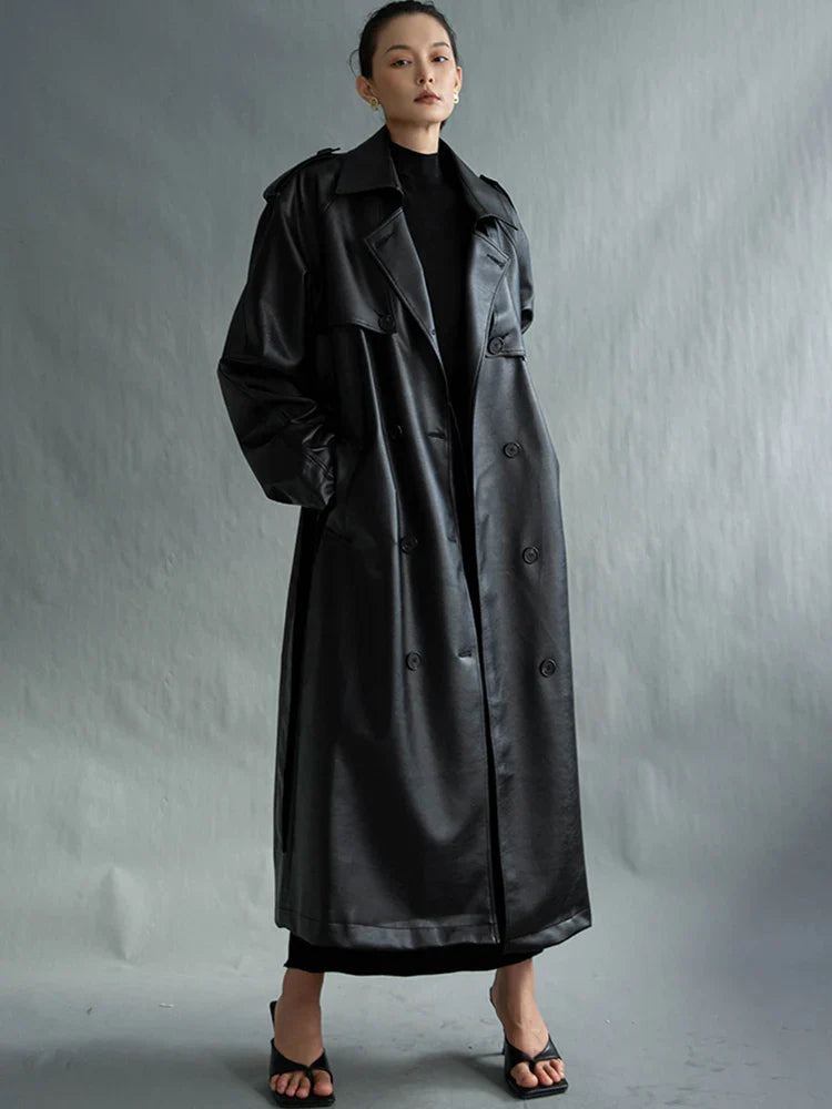 Autumn Extra Long Oversized Black Faux Leather Trench Coat for Women Long Sleeve Belt Double Breasted Loose Fashion 2021 Black One size