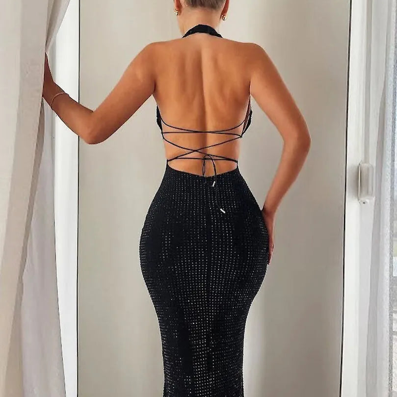 Hugcitar Halter Spot Print Black Backless Bandage Sexy Elegant Maxi Prom Dress Summer Women Outfits Evening Party Festival